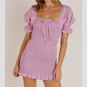 Faithfull The Brand Womens Annibelis Linen Lilac Purple Smocked Stretch Dress, M